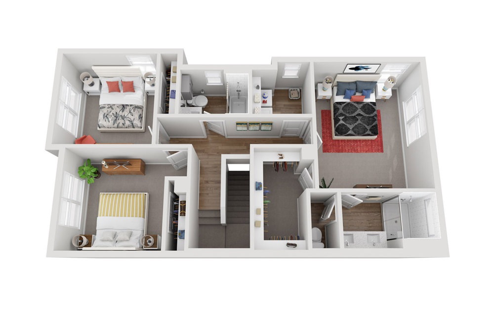 F2 - 3 bedroom floorplan layout with 2.5 baths and 1388 to 1412 square feet. (Floor 2)