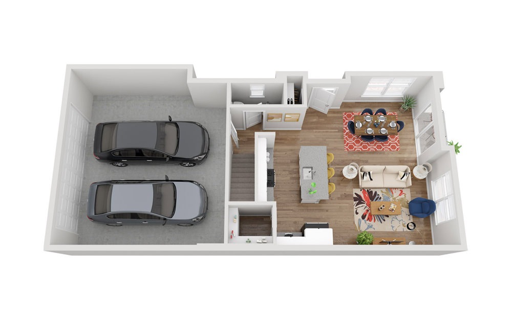F2 - 3 bedroom floorplan layout with 2.5 baths and 1388 to 1412 square feet. (Floor 1)